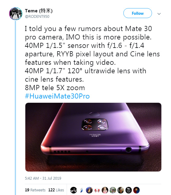 huawei mate 30 pro có thể có 2 camera 40MP